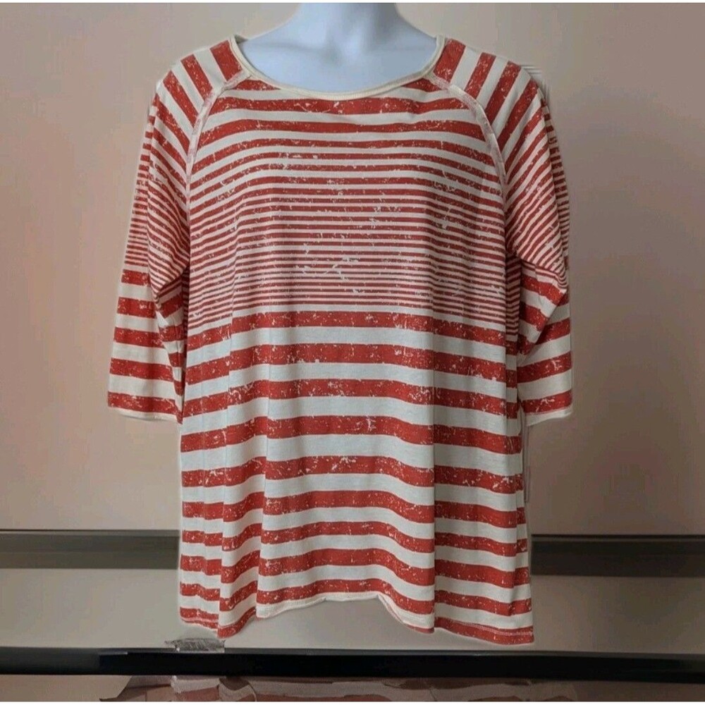 Fresh Women's  Orange And Cream Striped Shirt 3/4 Sleeve Size 2X
